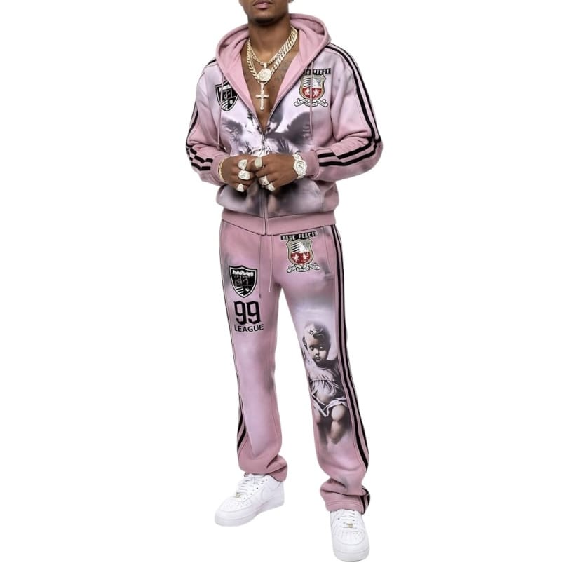 Rare Peace Cut & Sew Zip Hoodie & Jogger W/ Patches Set (Dust Pink)