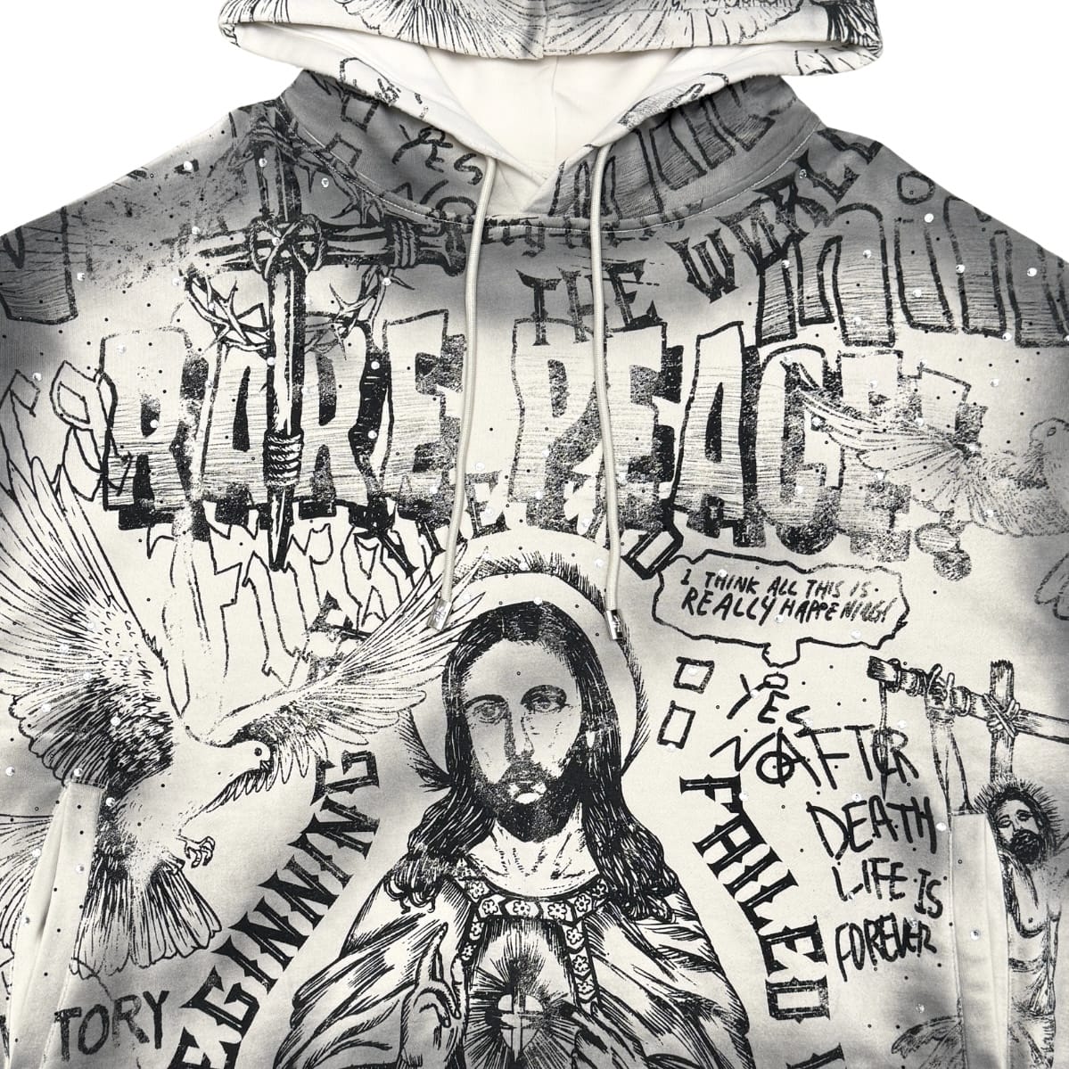 Rare Peace Washed Aop Pullover W/ Rhinestones Hoodie (Ecru) RK6109