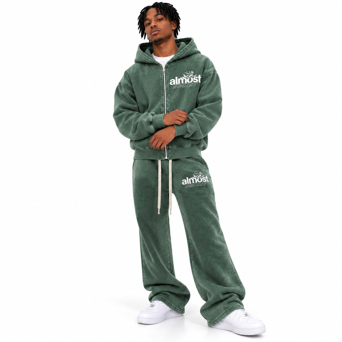 Almost Someday Enemies Zip Hoodie & Flare Pants Set (Green)