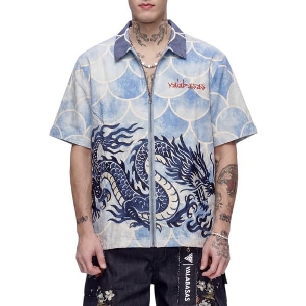 Valabasas Ocean Scale Collar Zip Up Shirt (Blue) VLBS-VBD1-1040