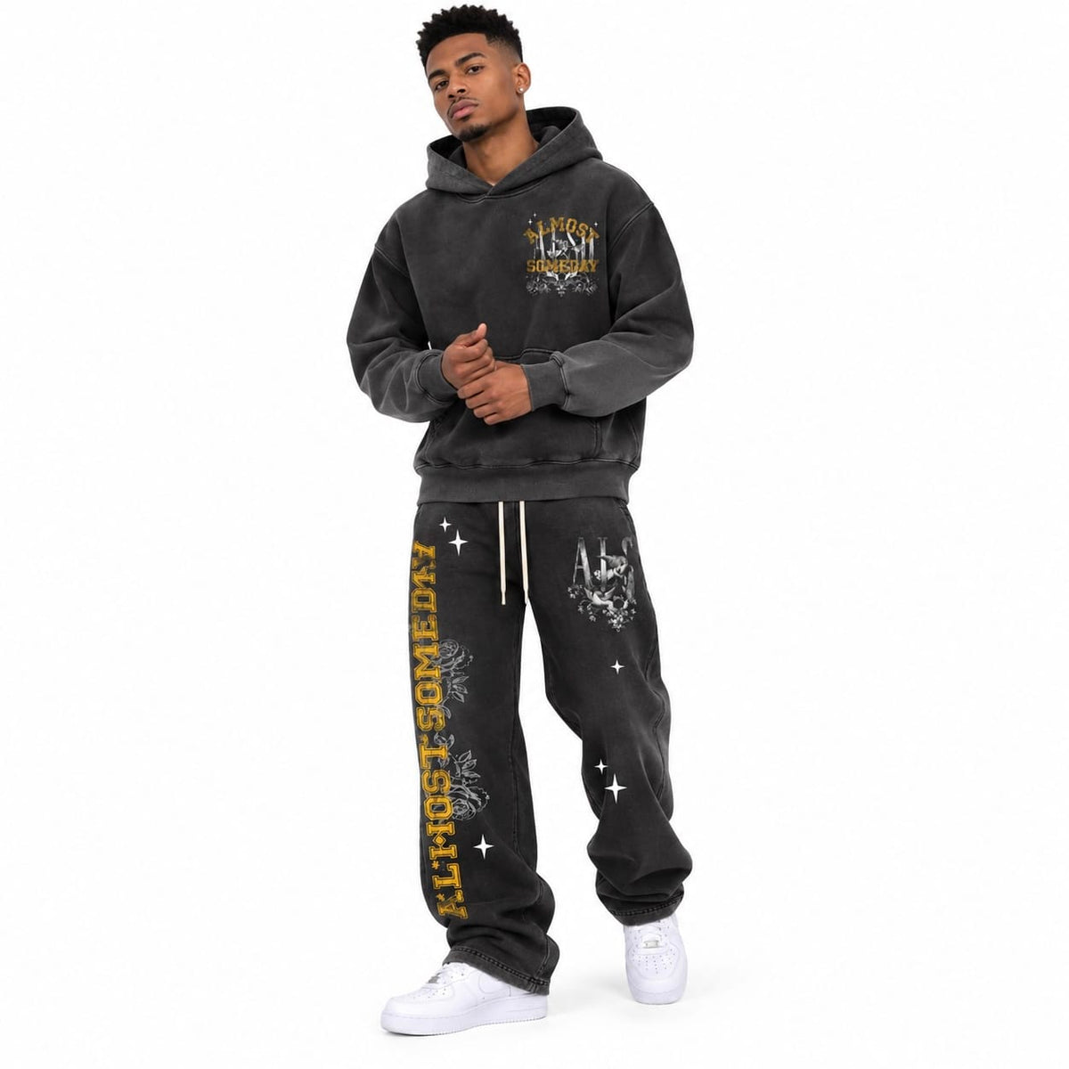 Almost Someday League Hoodie & Flare Sweatpants Set (Black)
