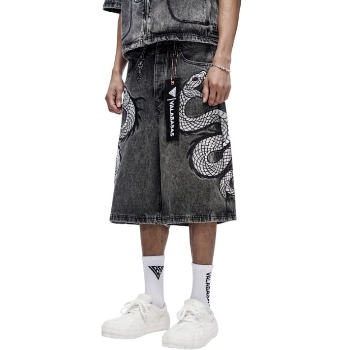 Valabasas Glacier Coil Baggy Denim Shorts (Grey Wash) VLBS-VSH1-1017