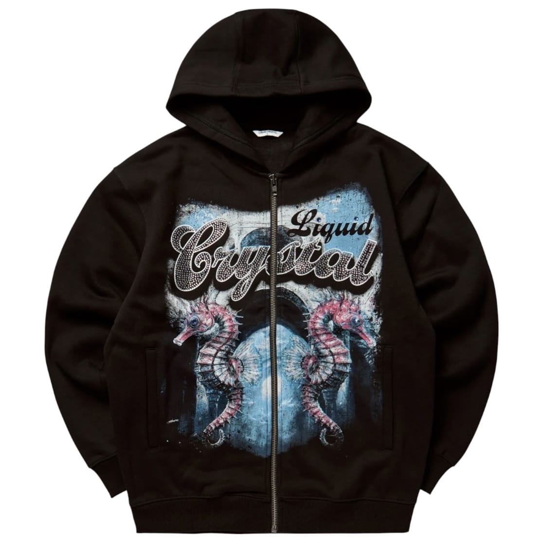 Liquid Crystals Rhinestone Seahorse Zip Up Hoodie (Black) 8643H