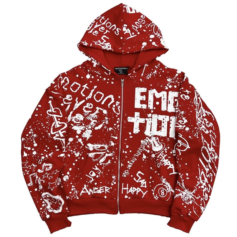 Mixed Emotion Graffiti Zip Up Hoodie (Red)