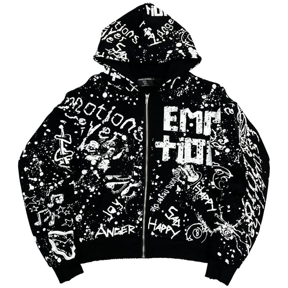 Mixed Emotion Graffiti Zip Up Hoodie (Black)