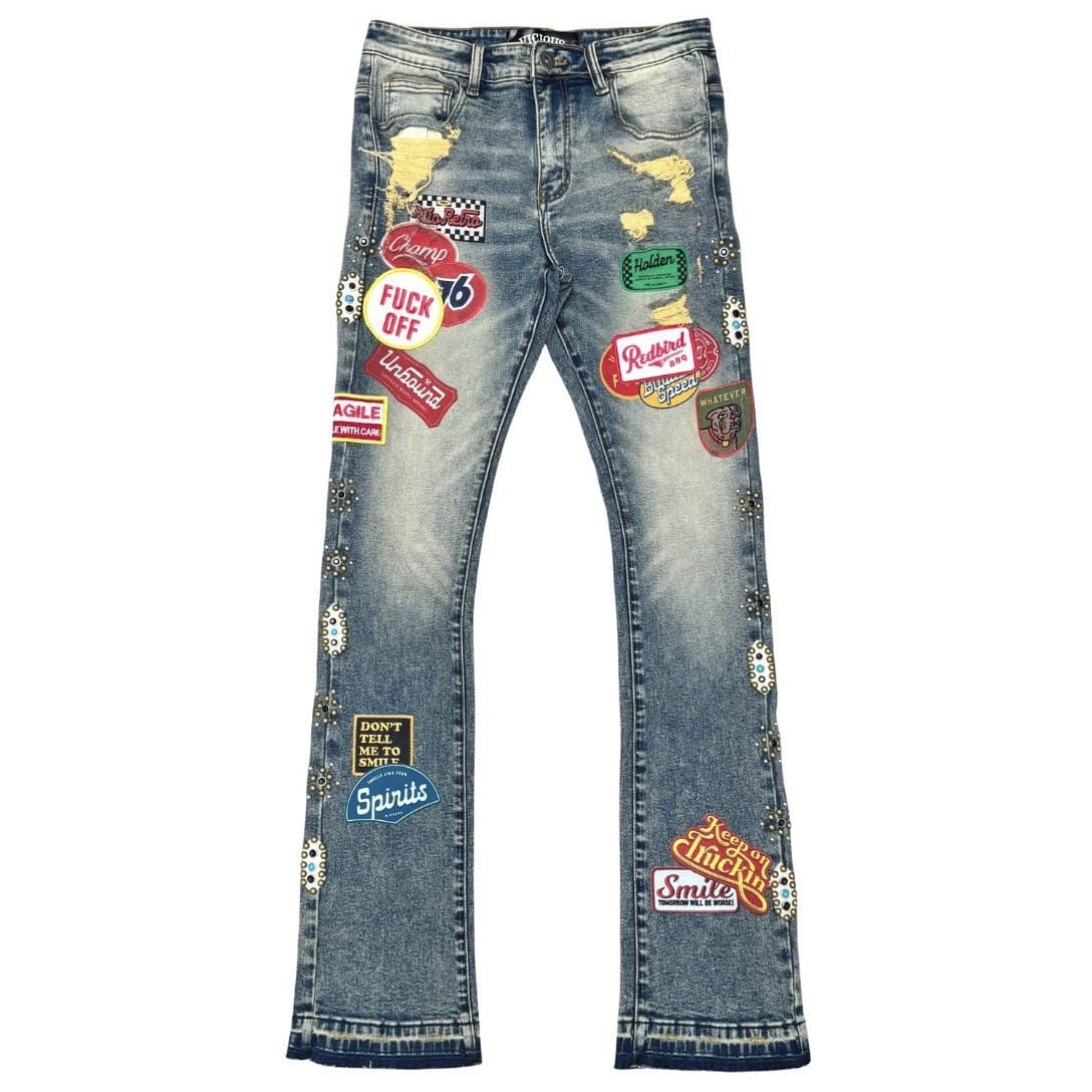 Vicious Denim Patch All Over Premium Flare Denim Jean (Mud Blue) VC1022