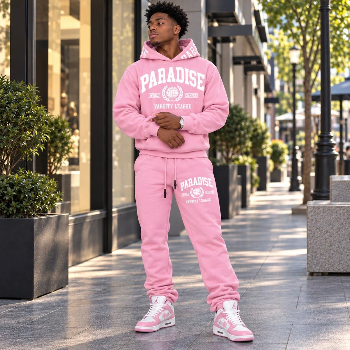 See You Paradise High Density Collegiate Hoodie & Sweatpants Set (Pink)