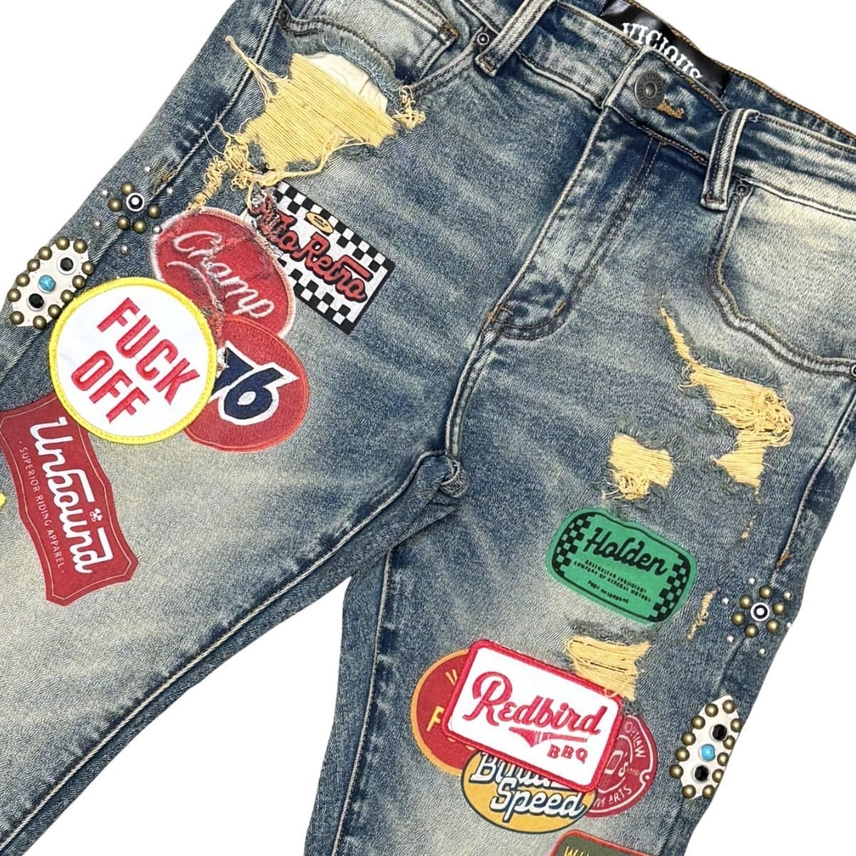 Vicious Denim Patch All Over Premium Flare Denim Jean (Mud Blue) VC1022