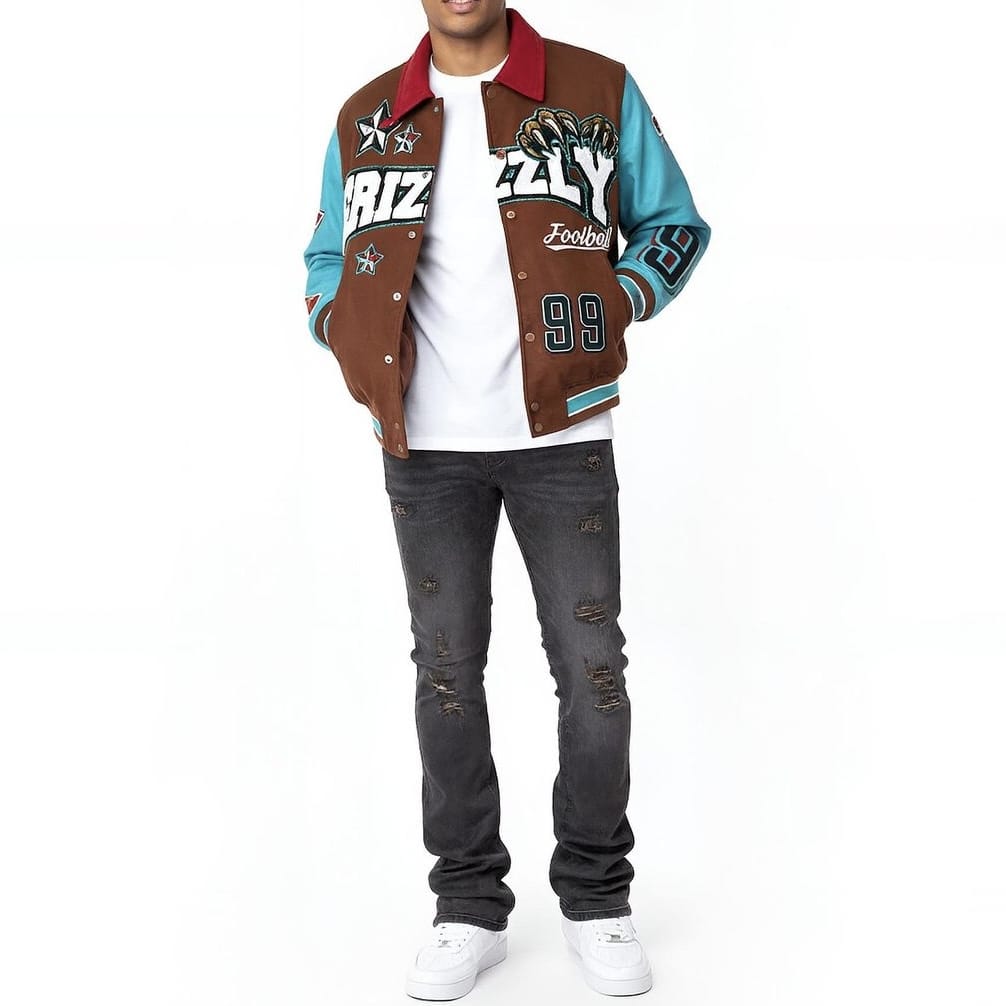 Vicious Denim Grizzly Wool Body  Varsity Jacket (Brown/Teal) VC1155