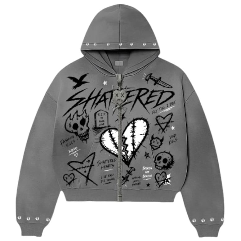 Shattered Hearts Doodle Hoodie (Gray)