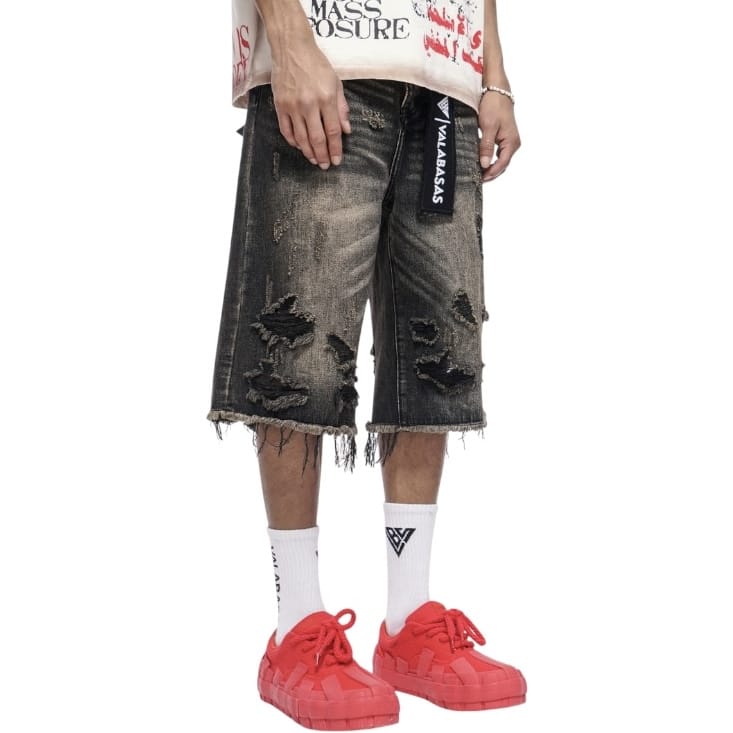 Valabasas Snapped Baggy Denim Shorts (Grey Washed) VLBS-VSH1-1002