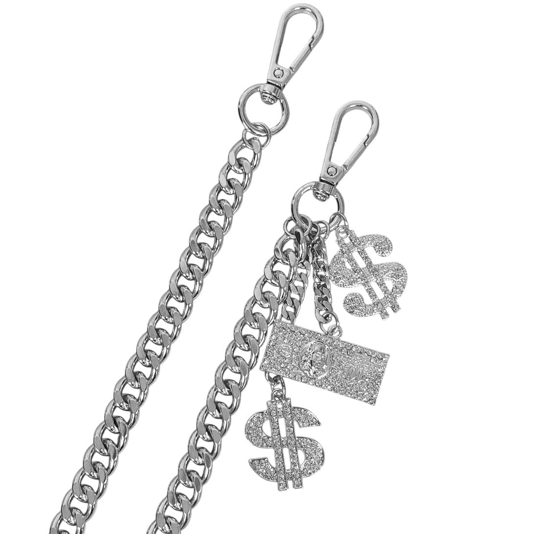 Jewelry Essentials Iced Out Dollar Charms Cuban Pant Chain (Silver)