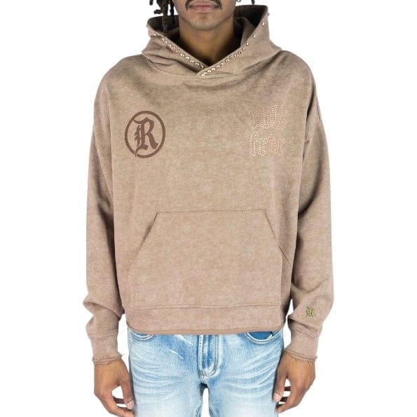 R3bel Denim Sinner Rhinestone Cropped French Terry Hoodie (Brown) 652-365