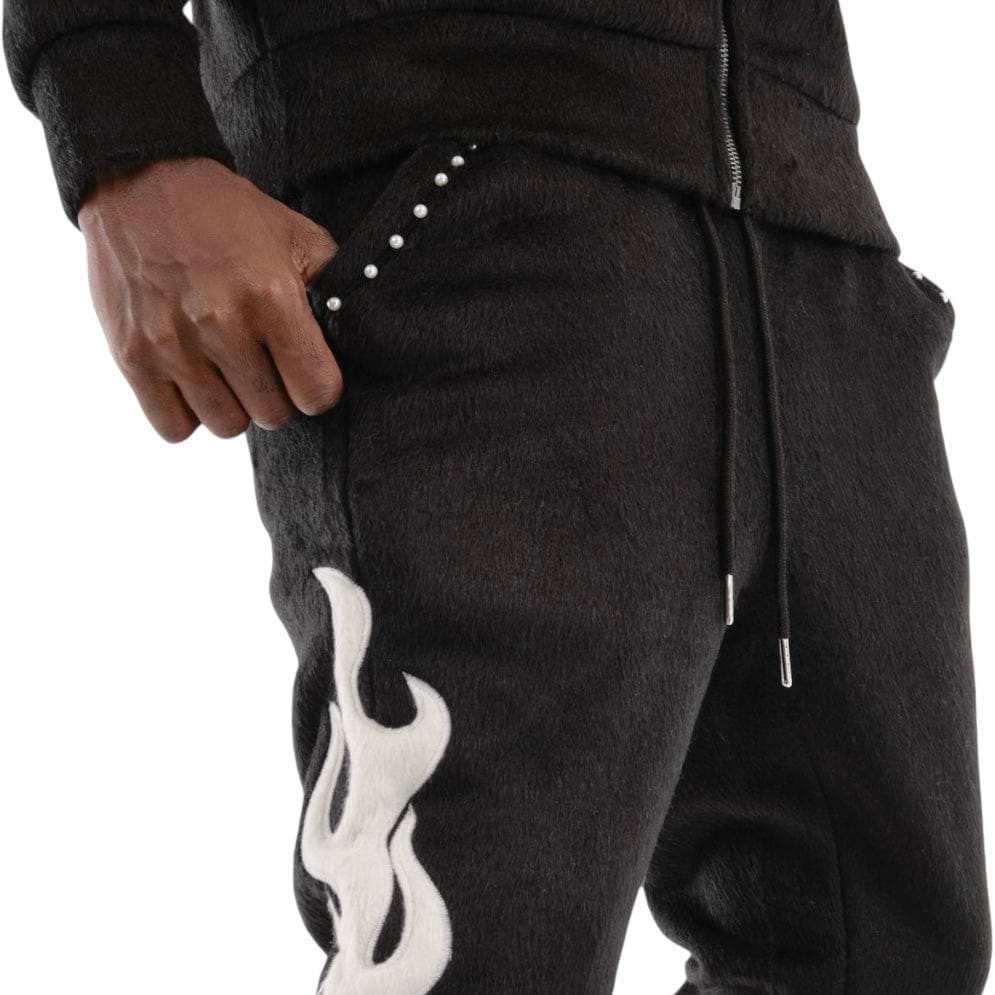 Copper Rivet Pearled Mohair Full Zip Hoodie & Pants Set (Black)