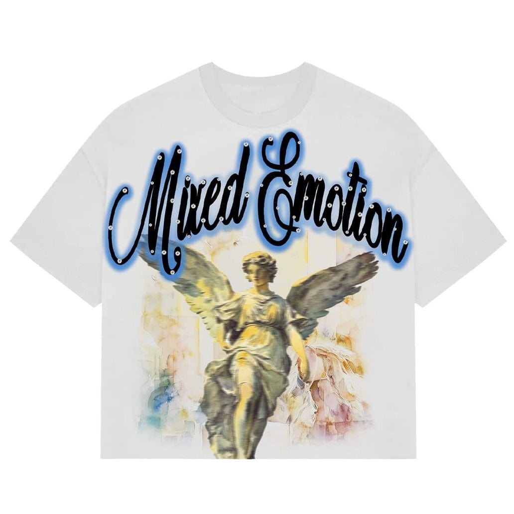 Mixed Emotion Statue Blue Rhinestone Cropped Tee (White)