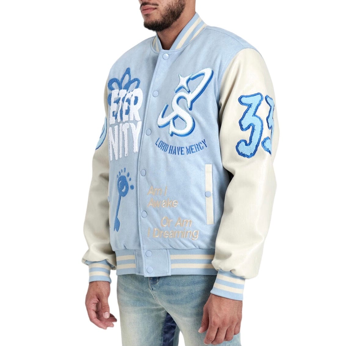 Sugar Hill "Mercy" Suede Letterman Jacket (Baby Blue Suede) SH24-SPR1-11