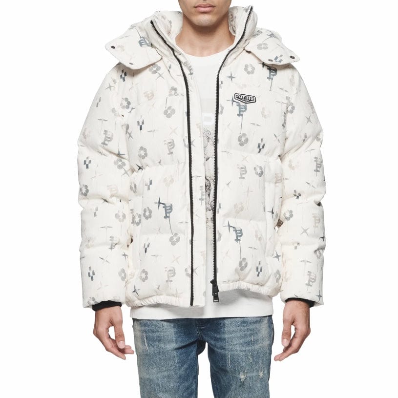 Purple Brand Printed Corduroy Puffer Jacket (Off White) P635-PCLP124