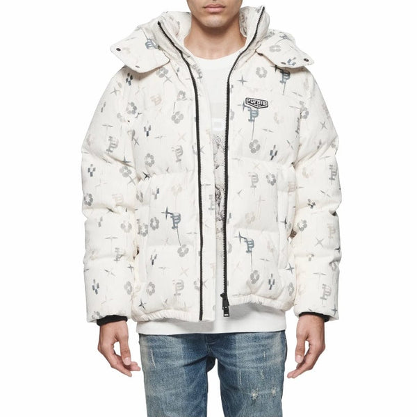 Purple Brand Printed Corduroy Puffer Jacket (Off White) P635-PCLP124