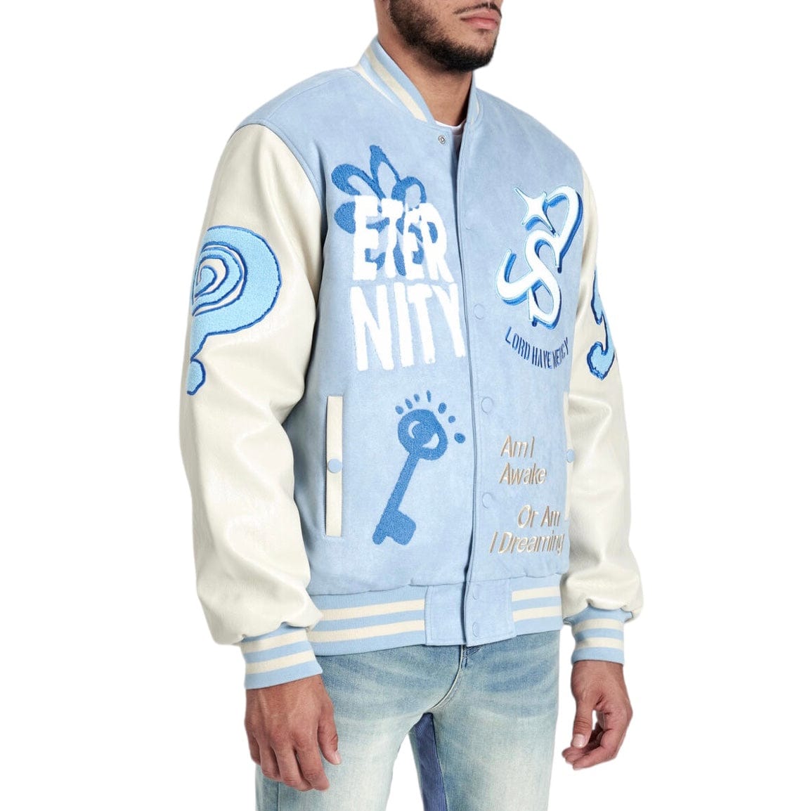 Sugar Hill "Mercy" Suede Letterman Jacket (Baby Blue Suede) SH24-SPR1-11