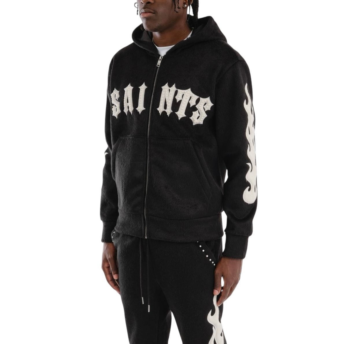 Copper Rivet Pearled Mohair Full Zip Hoodie & Pants Set (Black)