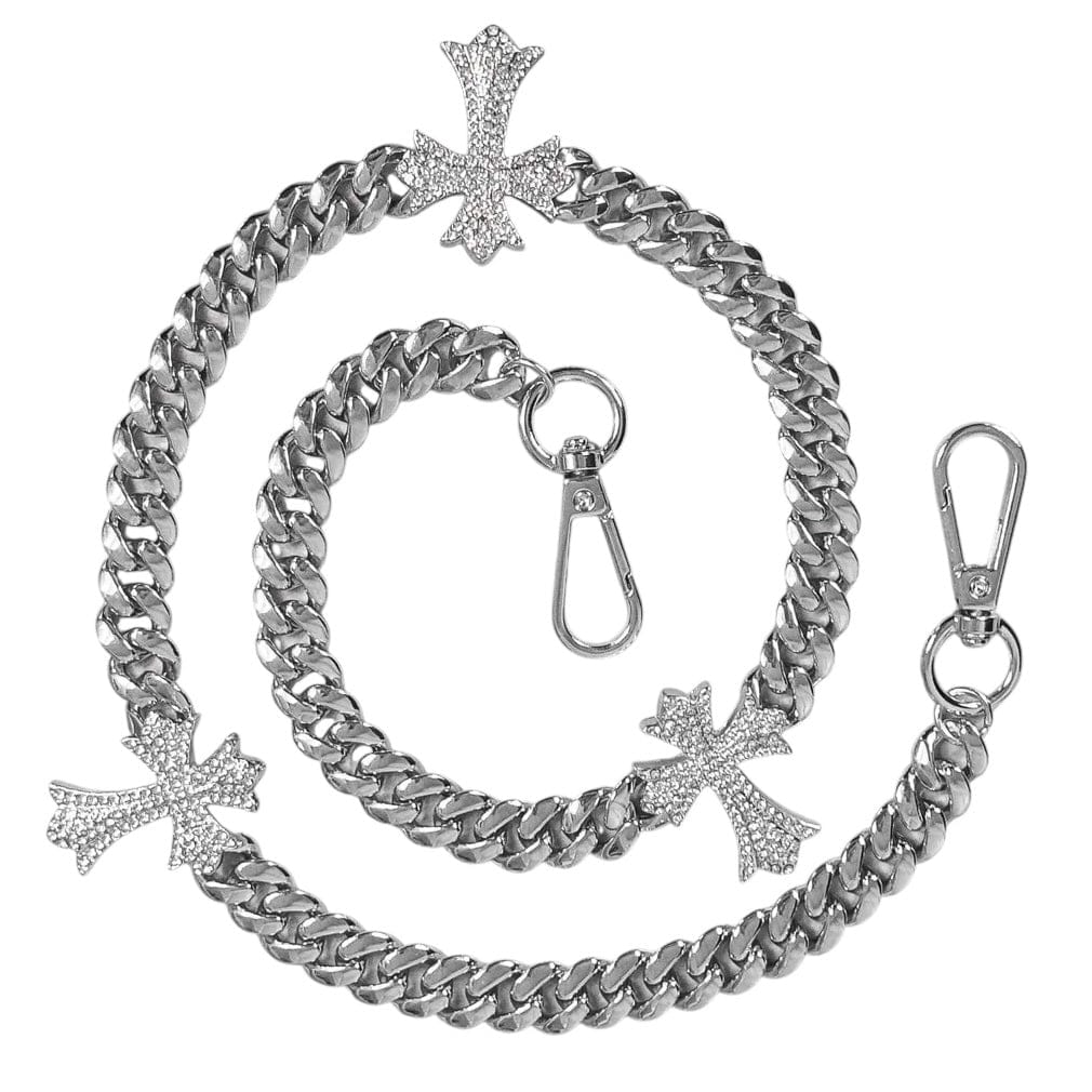 Jewelry Essentials Iced Out Triple Cross Cuban Pant Chain (Silver)