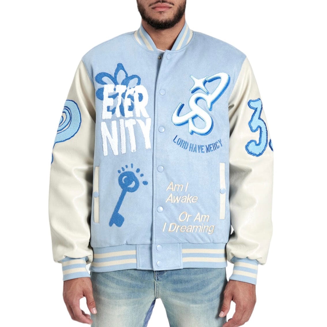 Sugar Hill "Mercy" Suede Letterman Jacket (Baby Blue Suede) SH24-SPR1-11