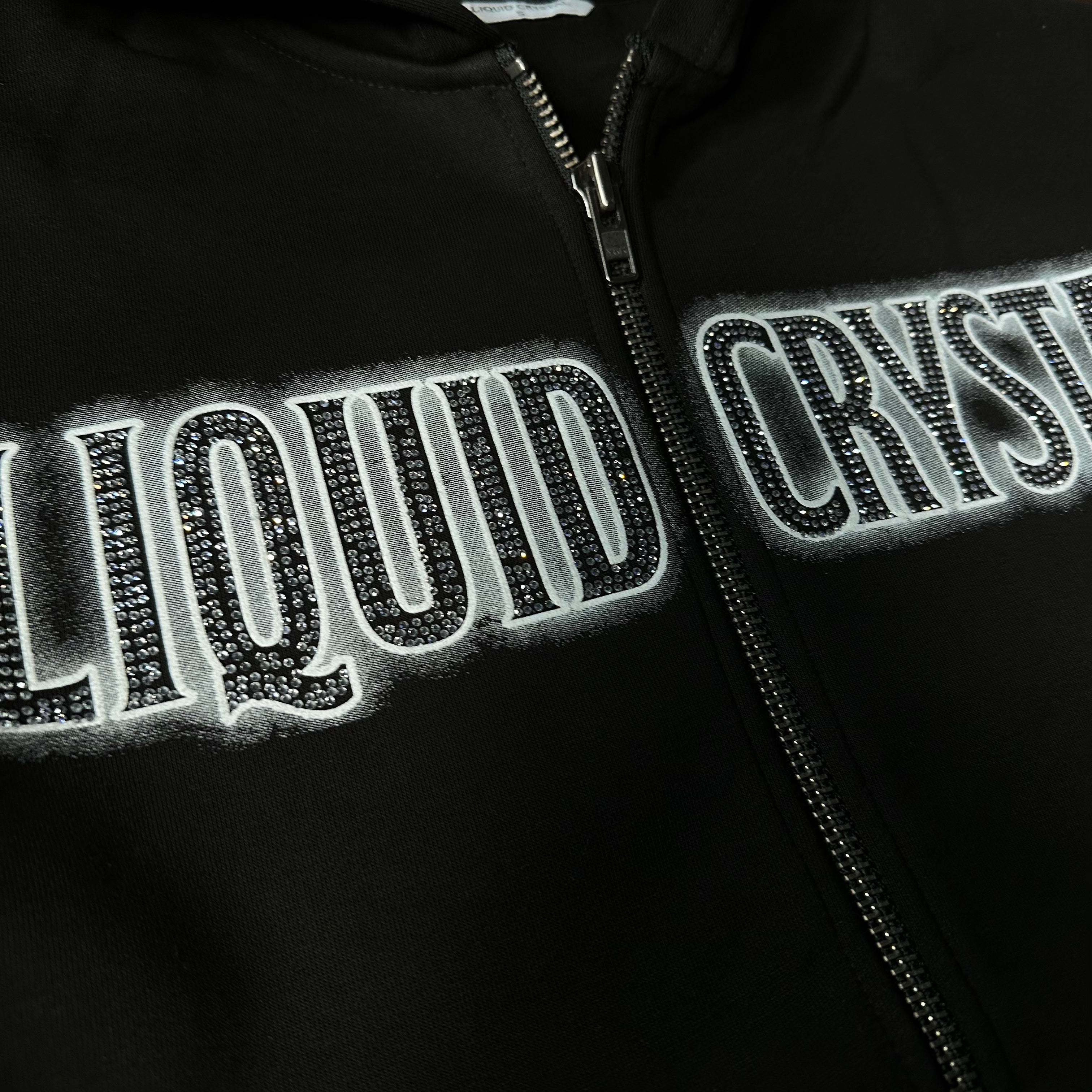 Liquid Crystals Zip Up Rhinestone Hoodie (Black) 8644H