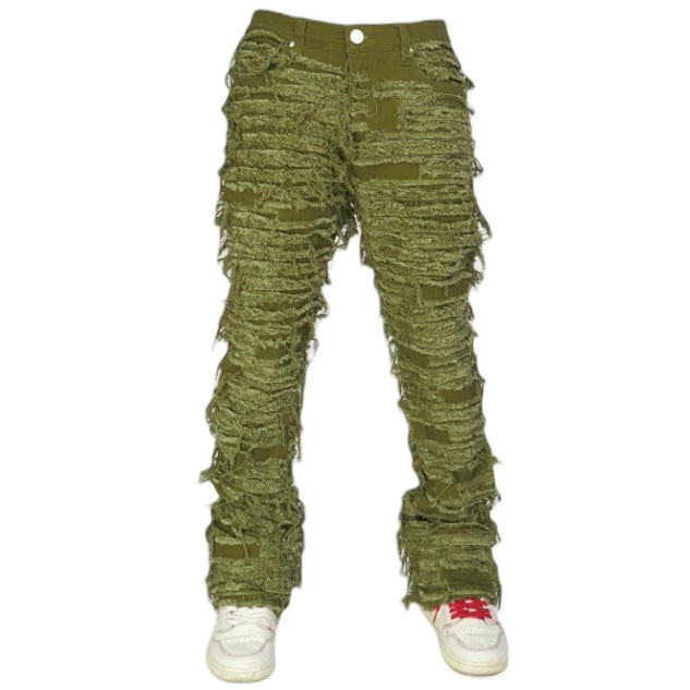 Foreign Brand Politics Thrashed Distressed Stacked Flare Jeans (Dark Olive) DEBRIS512