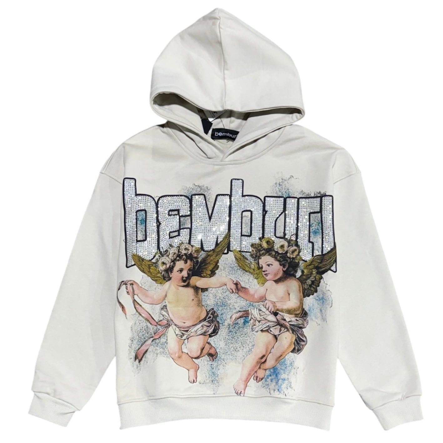 Bemburi Double Angel Rhinestone Lettered Hoodie (Cream)