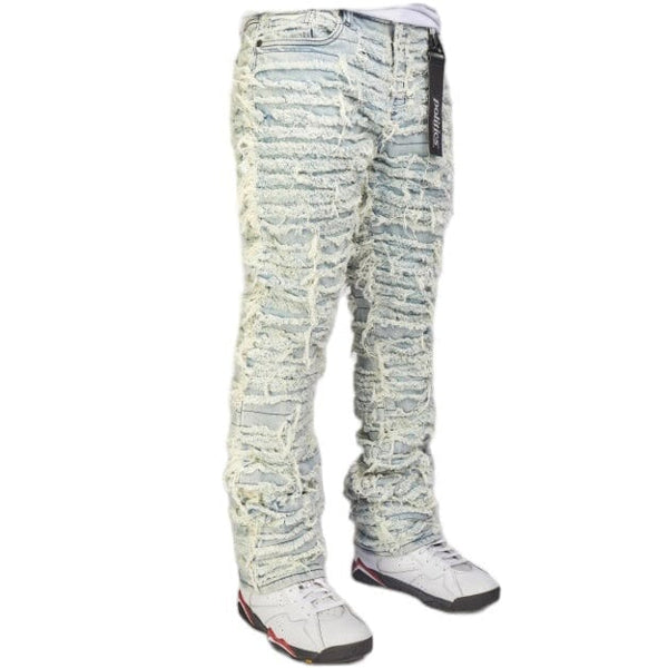 Foreign Brand Politics Thrashed Distressed Stacked Flare Jeans (Light Blue) DEBRIS511