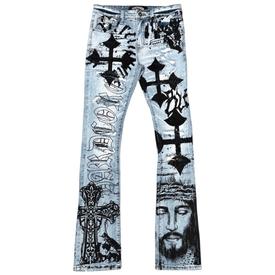 Vicious Denim Premium Flared Artwork All Over Denim (Light Blue) VC1135