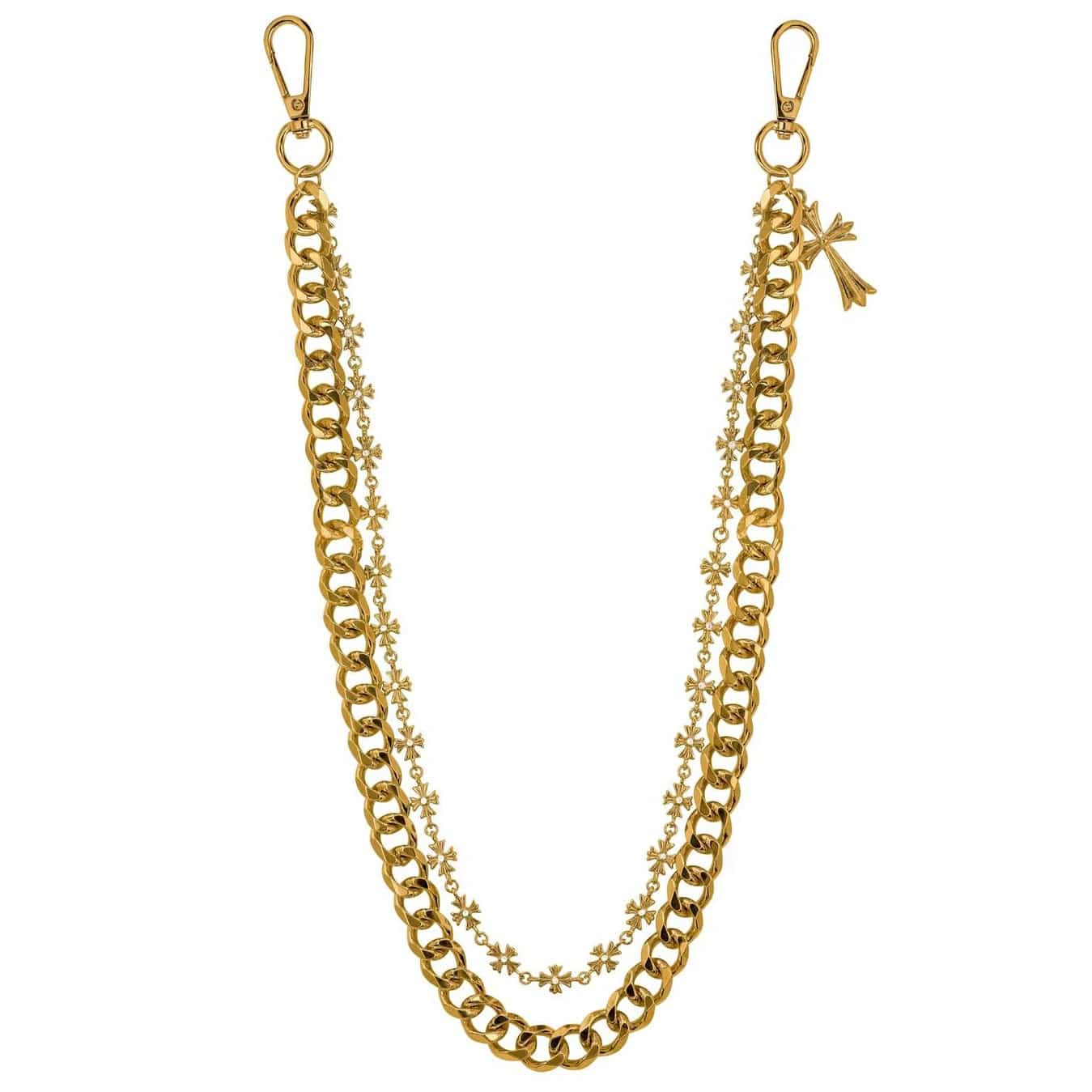 Jewelry Essentials Double Layered Cross & Cuban Pant Chain (Gold) BKC-215G