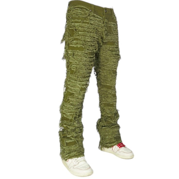 Foreign Brand Politics Thrashed Distressed Stacked Flare Jeans (Dark Olive) DEBRIS512