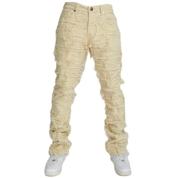 Foreign Brand Politics Thrashed Distressed Stacked Flare Jeans (Cream) DEBRIS504