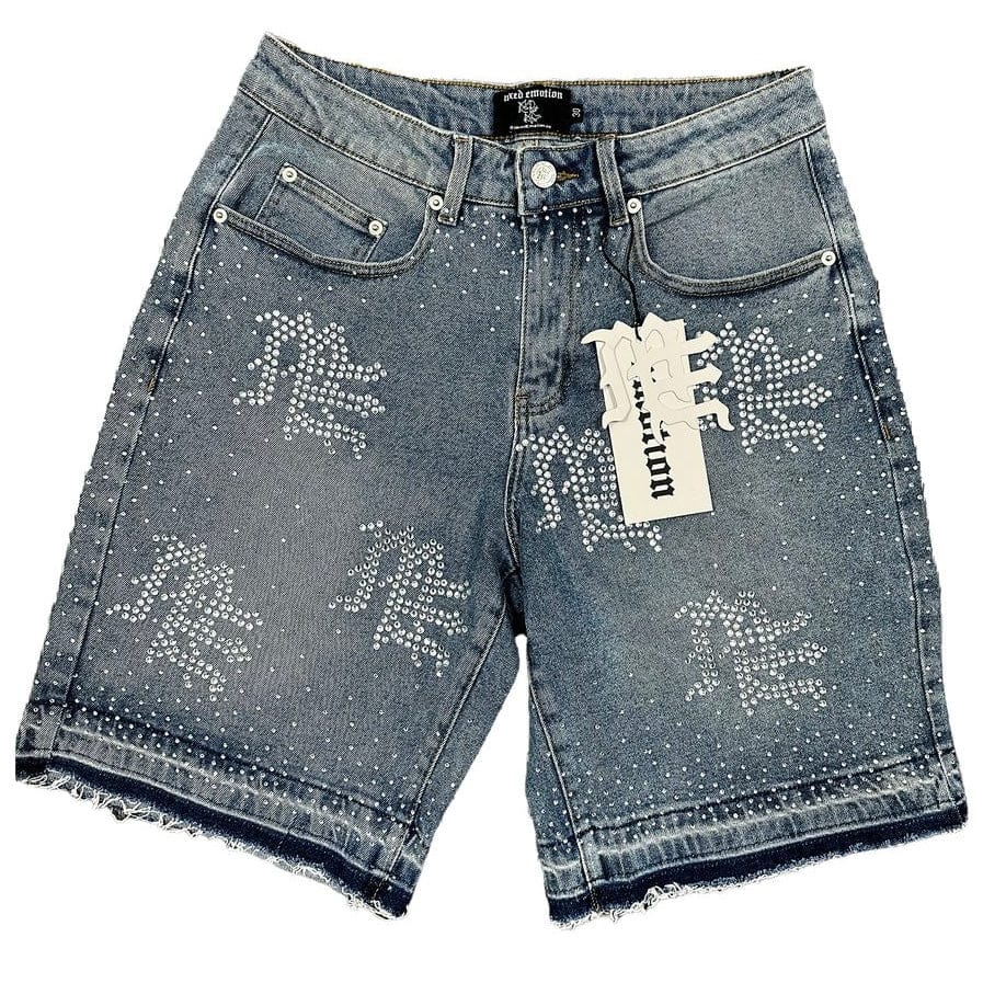 Mixed Emotion Me Rhinestone Denim Shorts (Rhinestone Blue)