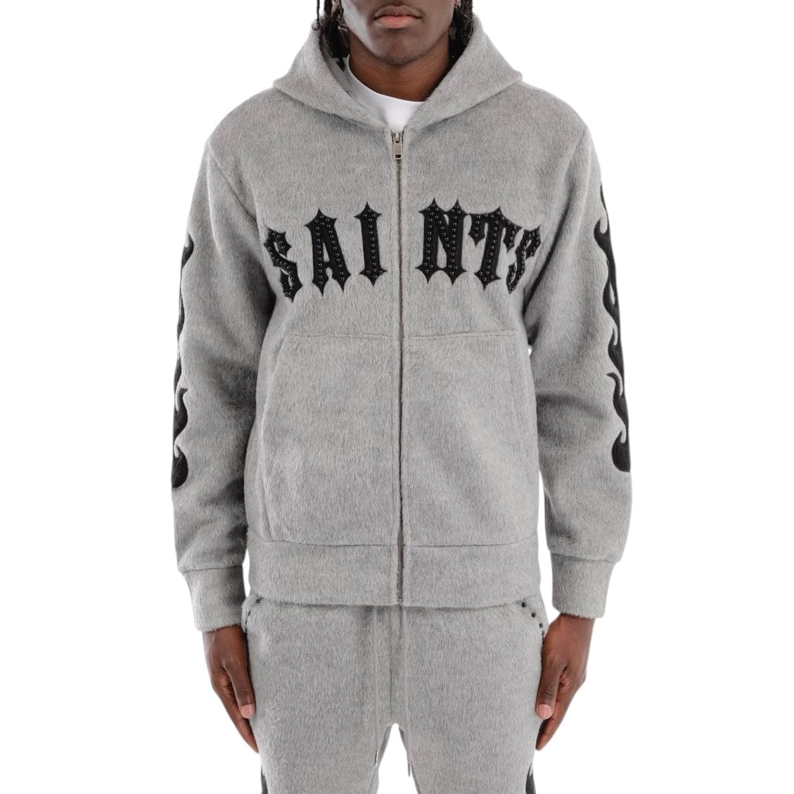 Copper Rivet Pearled Mohair Full Zip Hoodie & Pants Set (Gray)