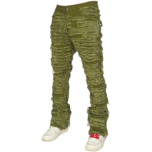 Foreign Brand Politics Thrashed Distressed Stacked Flare Jeans (Dark Olive) DEBRIS512