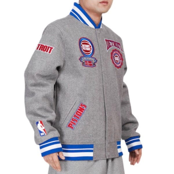 Pro Standard Detroit Pistons Crest Emblem Varsity Jacket (Heather Grey/Royal)