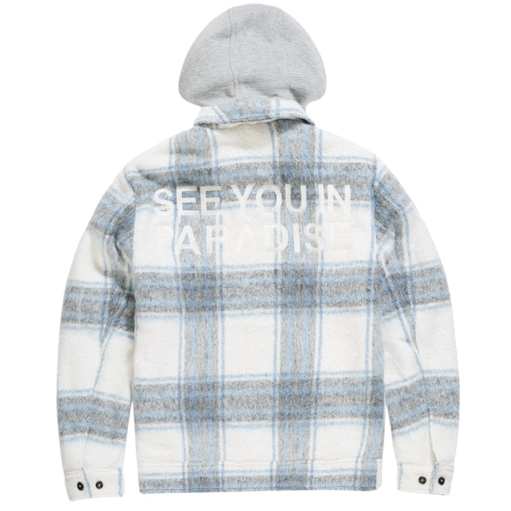 See You In Paradise Hooded Flannel Shacket (Light Blue) 2568