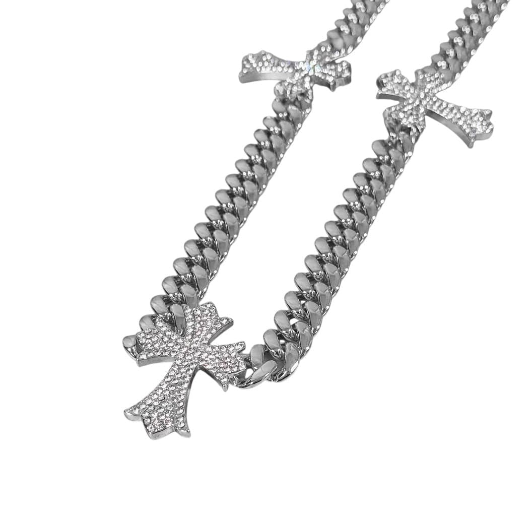 Jewelry Essentials Iced Out Triple Cross Cuban Pant Chain (Silver)