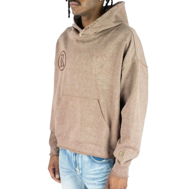 R3bel Denim Sinner Rhinestone Cropped French Terry Hoodie (Brown) 652-365