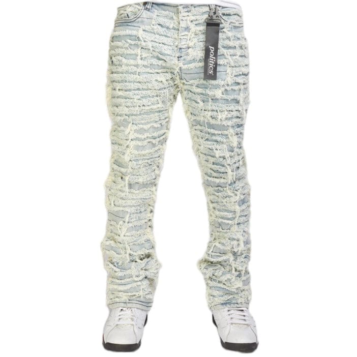 Foreign Brand Politics Thrashed Distressed Stacked Flare Jeans (Light Blue) DEBRIS511