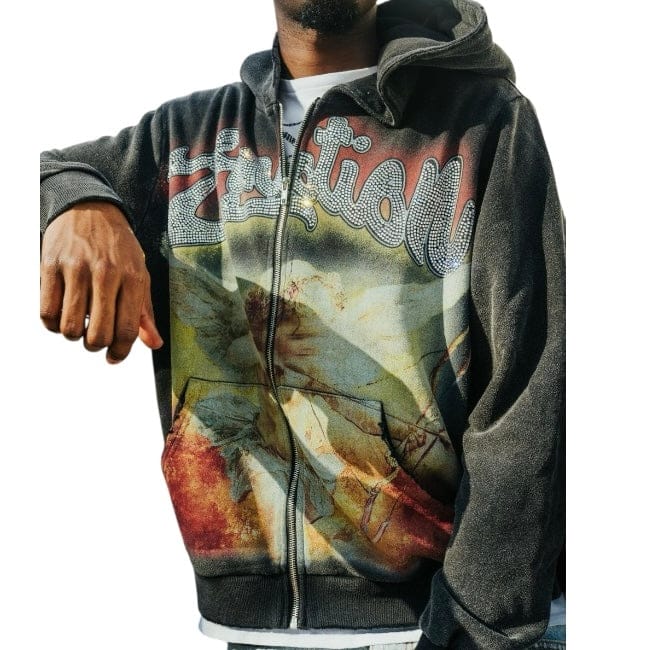 Mixed Emotion Bow Acid Wash Rhinestone Hoodie (Black)