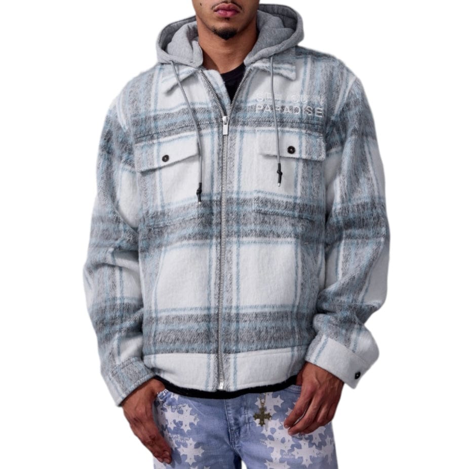 See You In Paradise Hooded Flannel Shacket (Light Blue) 2568