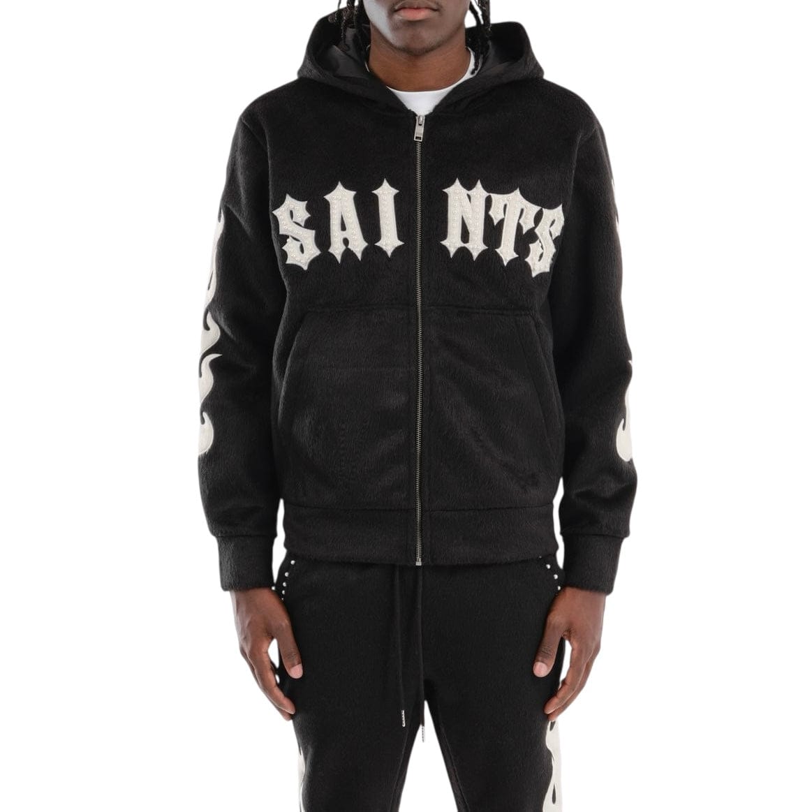 Copper Rivet Pearled Mohair Full Zip Hoodie & Pants Set (Black)