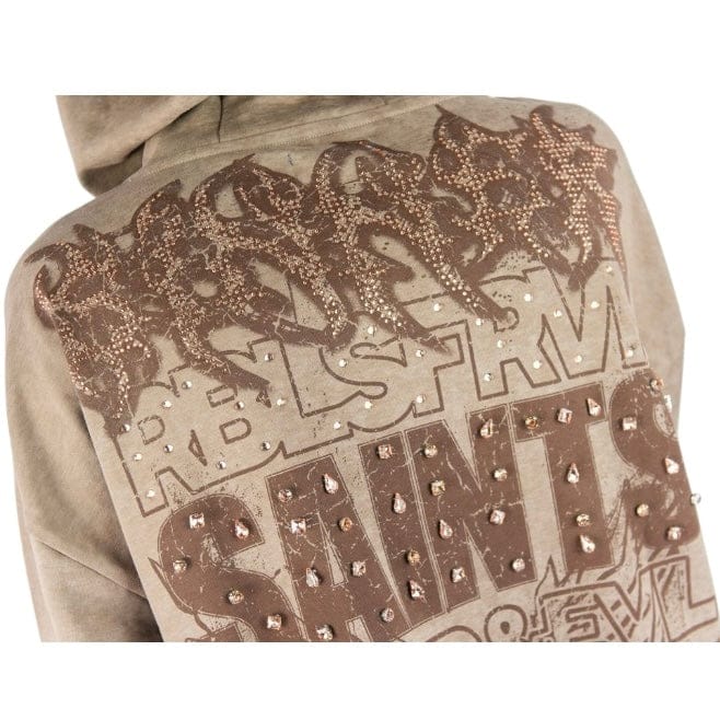 R3bel Denim Sinner Rhinestone Cropped French Terry Hoodie (Brown) 652-365