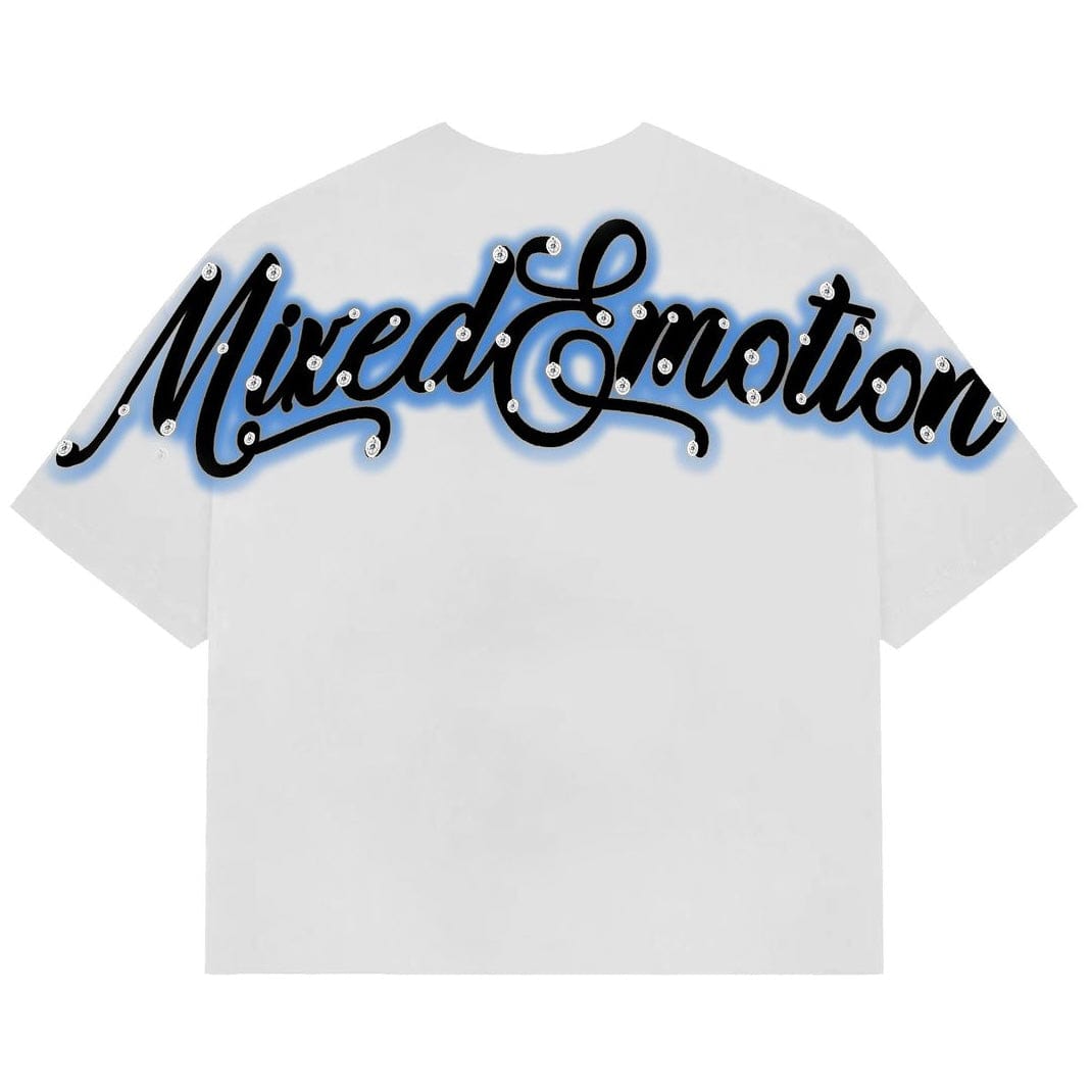 Mixed Emotion Statue Blue Rhinestone Cropped Tee (White)