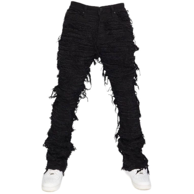 Foreign Brand Politics Thrashed Distressed Stacked Flare Jeans (Black) DEBRIS508