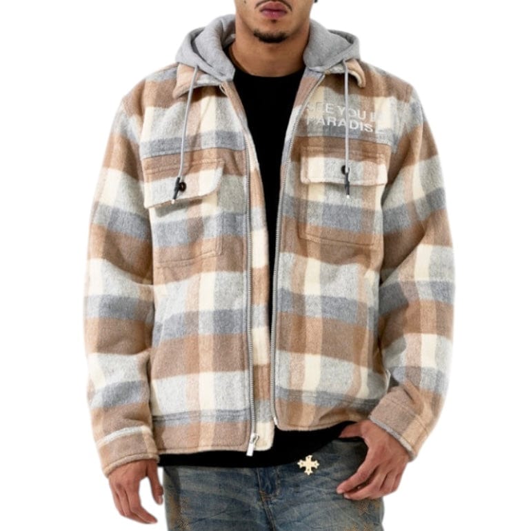 See You In Paradise Hooded Flannel Shacket (Khaki) 2568