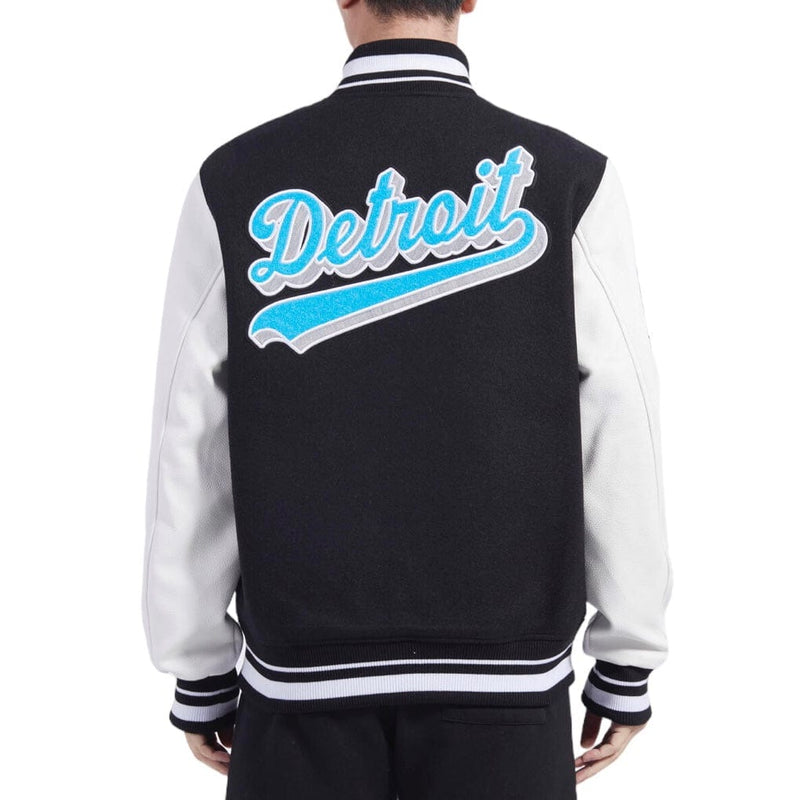 Pro Standard Detroit Lions Script Tail Rib Wool Varsity Jacket (Black/White)